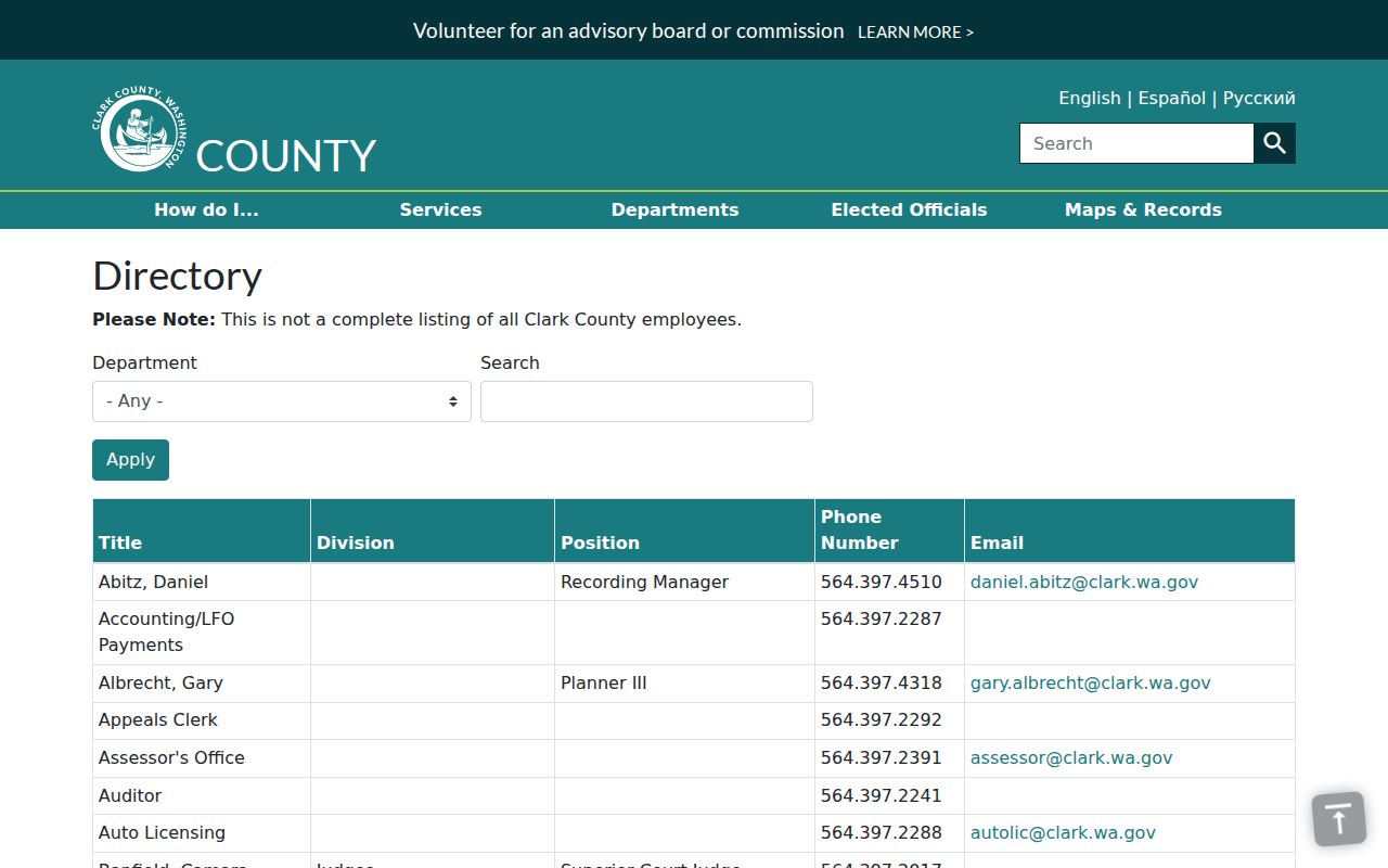Orchards people directories Clark County staff search