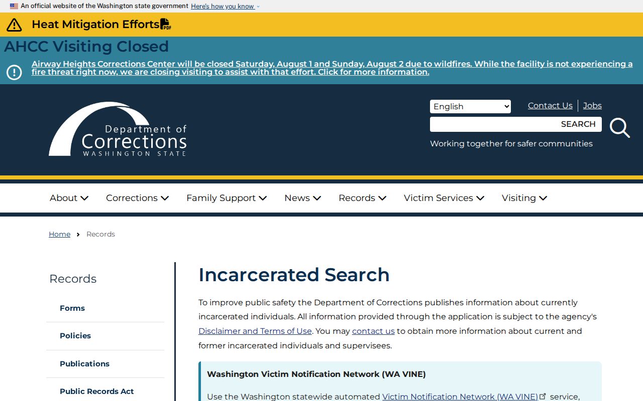 Orchards public records search fields on the Washington DOC incarcerated person lookup
