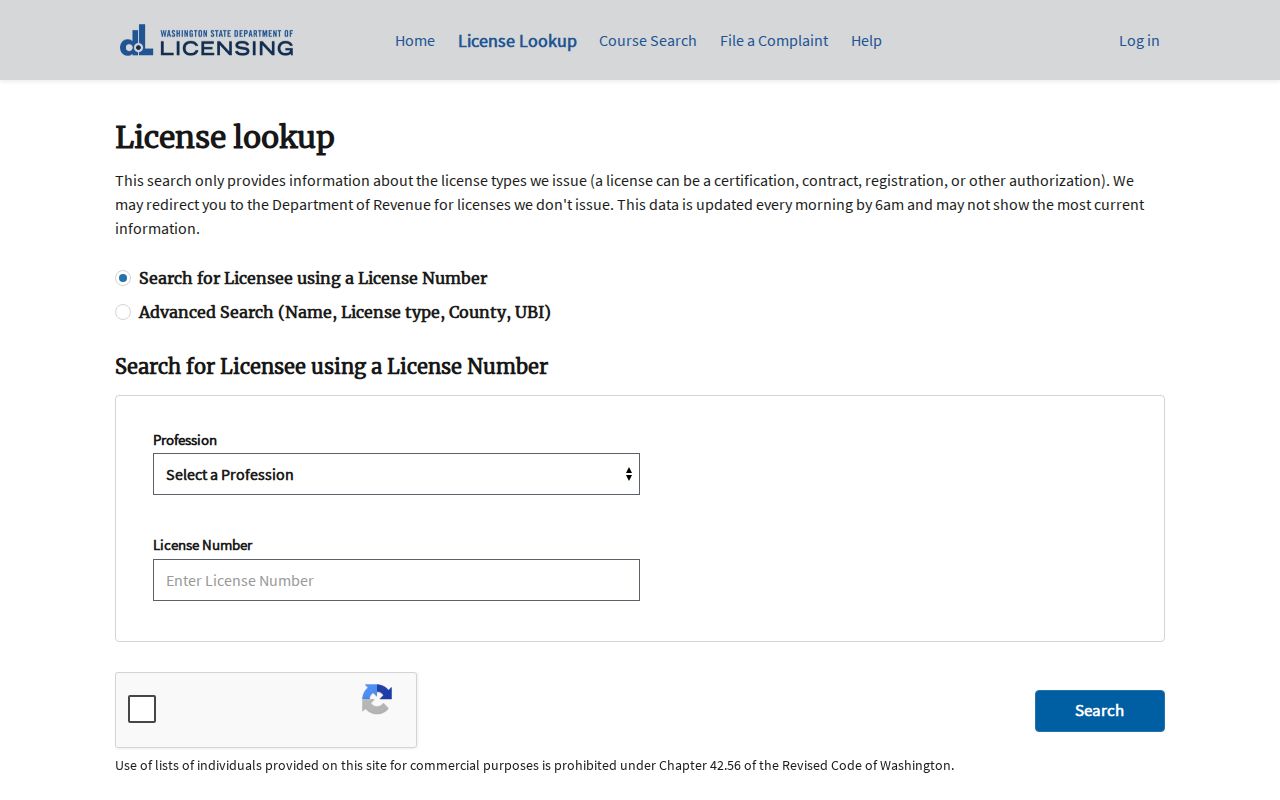 Orchards public records professional license search interface from Washington DOL