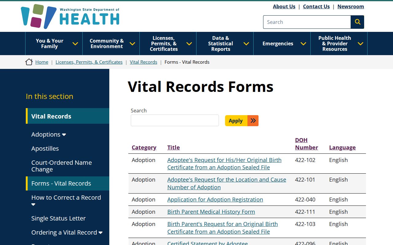 Orchards public records vital record application forms from Washington Department of Health