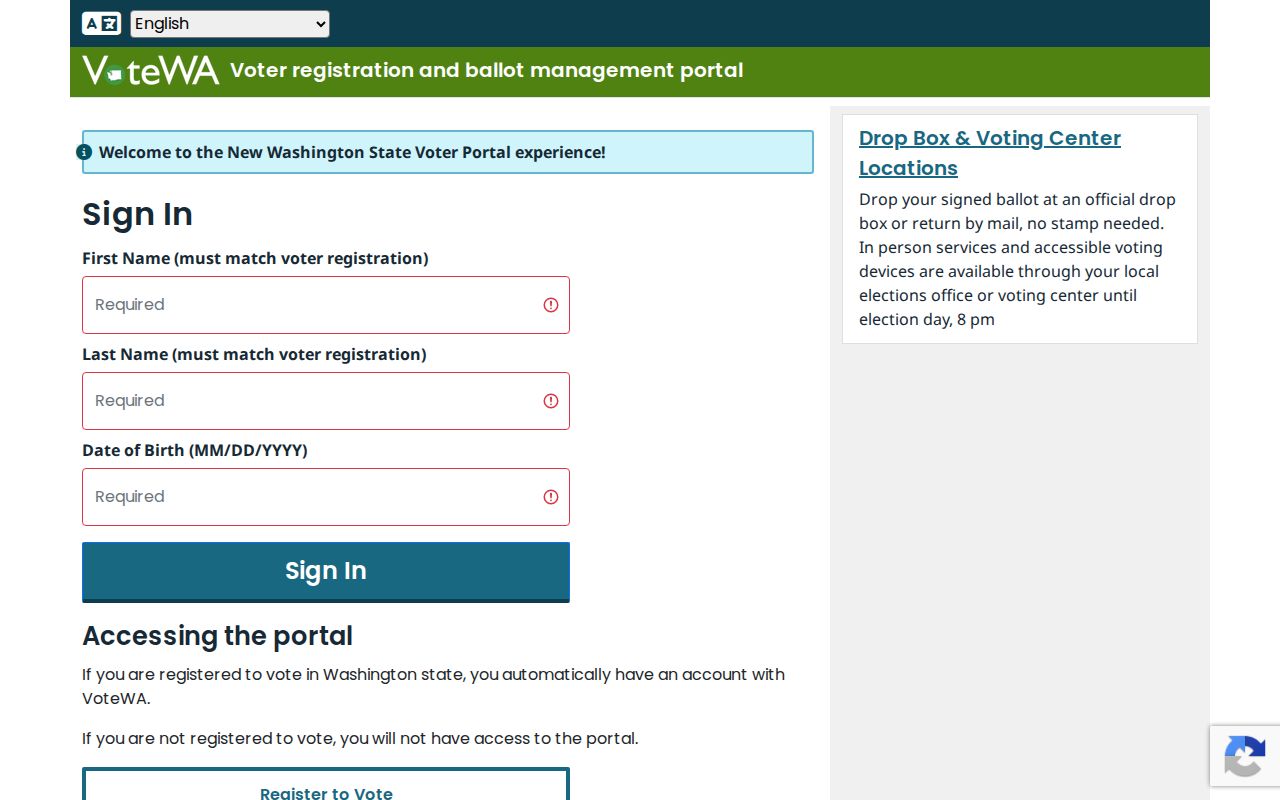 Orchards voter registration records login fields in VoteWA